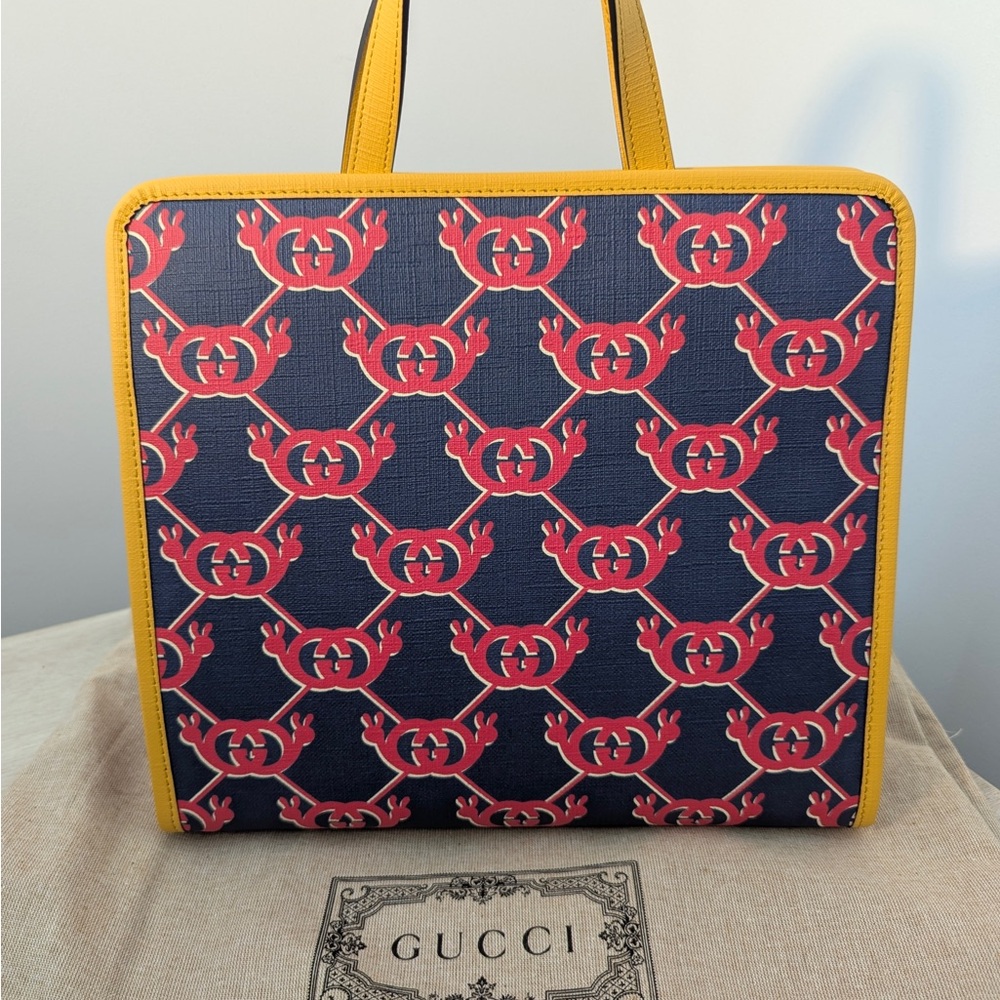 Gucci Kids Snail Print Tote – Blue & Red GG Canvas with Yellow Leather Trim